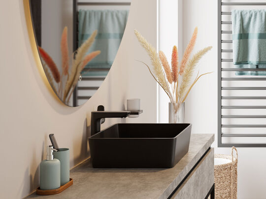 zwarte wasbak industriele luxe badkamer