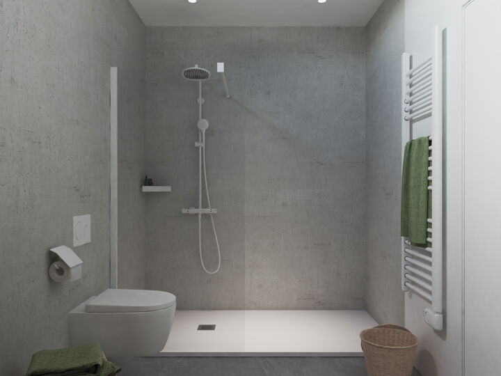 CGI Landelijke badkamer zijaanzicht met wit toilet en radiator