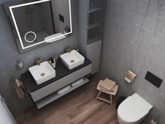 CGI Wellness badkamer vierkante spiegel met vierkante kommen en gouden kranen