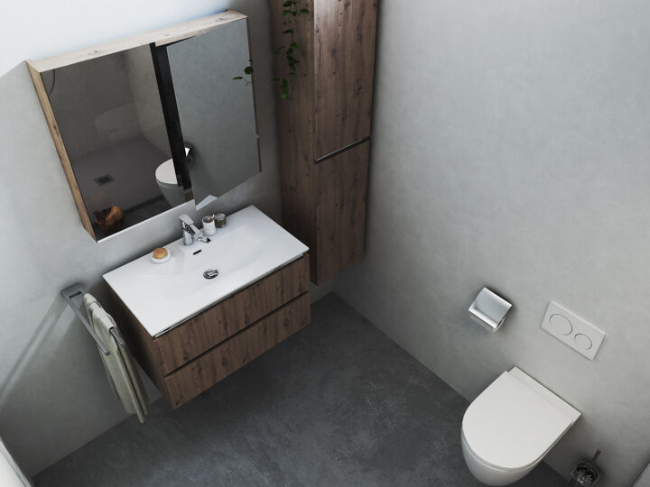 CGI Natuurlijke badkamer spiegelkast en toilet van boven