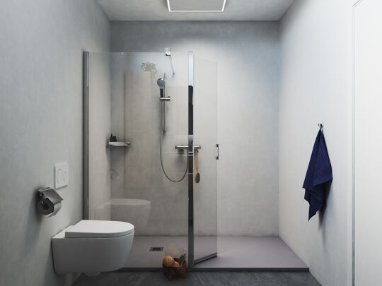 CGI Natuurlijke badkamer licht met wit toilet en blauwe handdoek