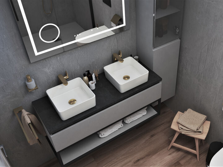 CGI Wellness badkamer wastafelmeubel vierkante kommen met gouden kranen